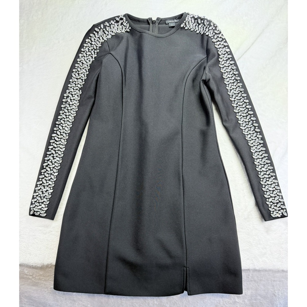 Karen Millen Black Figure Form Bandage Knit Embellished Mini Dress Rhinestones S